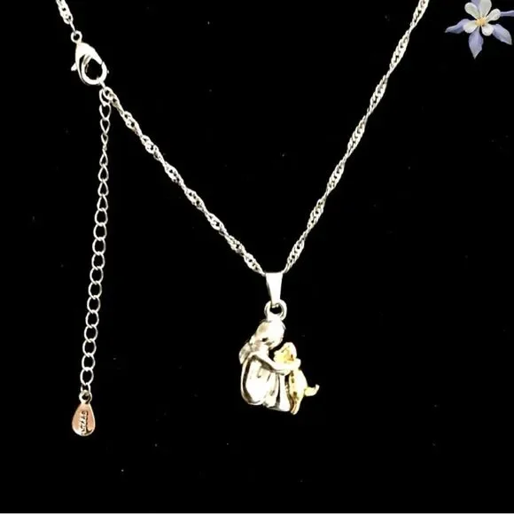 GIRL AND DOG FOR PET LOVER SILVER 925 TWO TONE SILVER/GOLD CHAIN NECKLACE - Picture 4 of 4